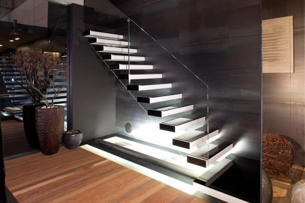 Metal Steel Interior Stair Wood Step LED Floating Staircase